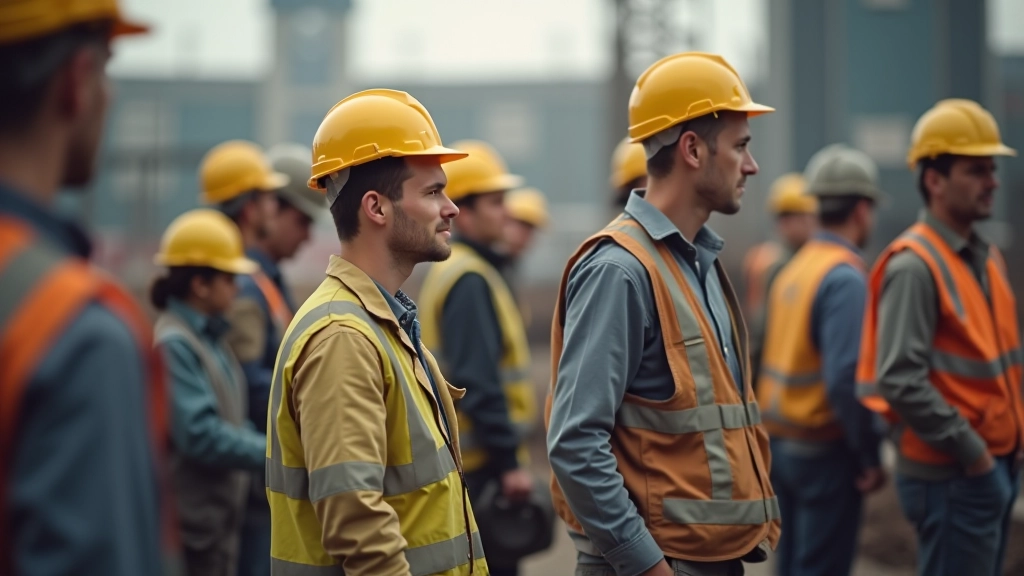 Staveniště s pracovníky různého věku, z nichž někteří jsou zjevně zahraniční