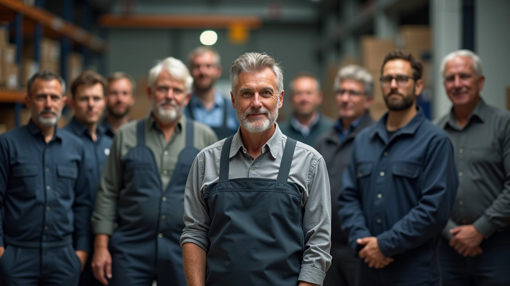 Skupina pracovníků různého věku v továrně nebo skladě